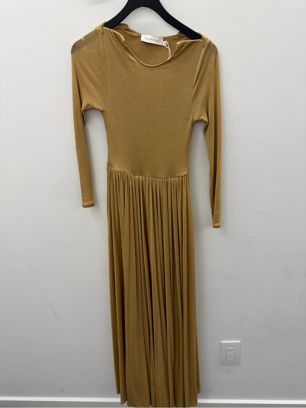 Zimmermann Gold Long-Sleeve Pleated Maxi Dress